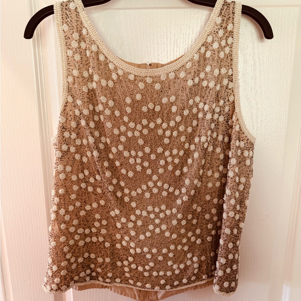 Adrianna Papell Tan Sequin Embellished Sleeveless Tank Top